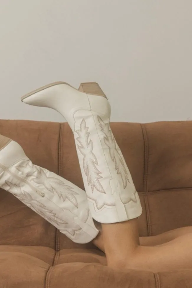 Ainsley Embroidered Knee High Cowboy Boots: White