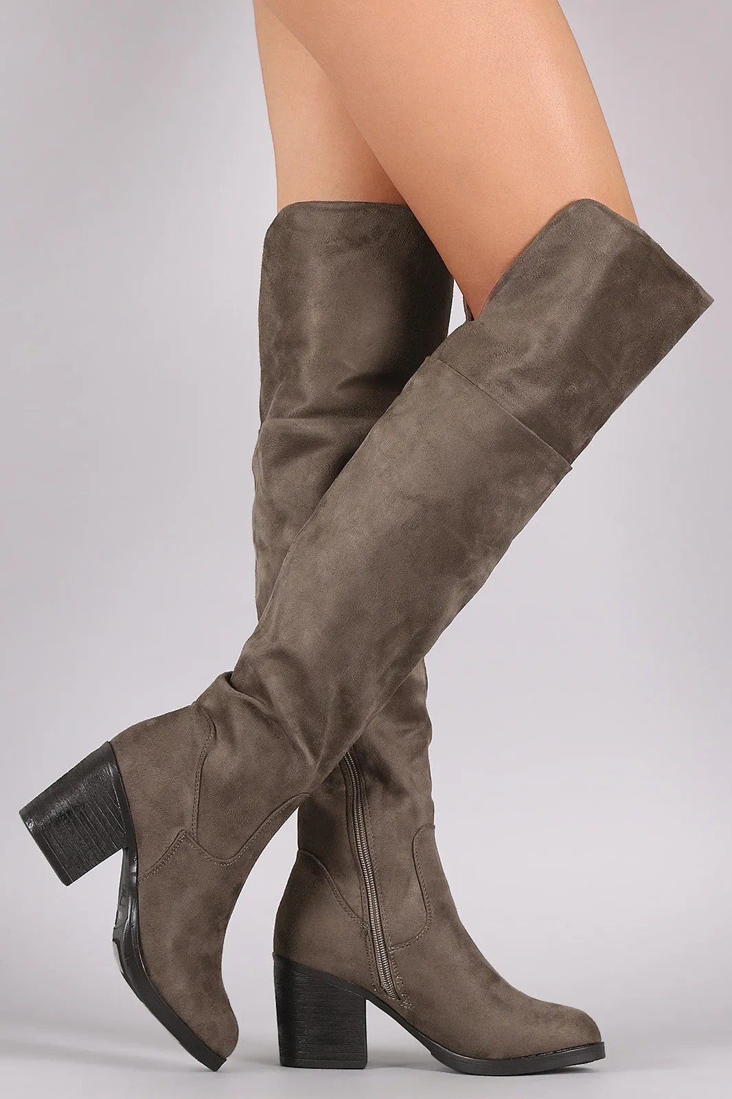 Bamboo Suede Folded Cuff Chunky Heeled Riding Boots