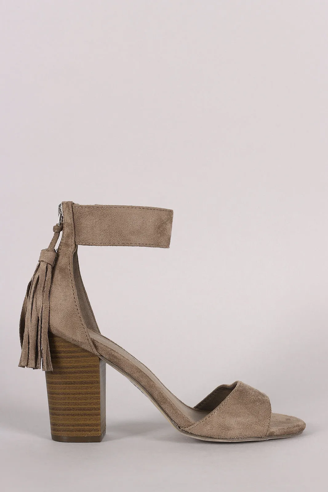 Breckelle Suede Tassel Ankle Cuff Open Toe Chunky Heel