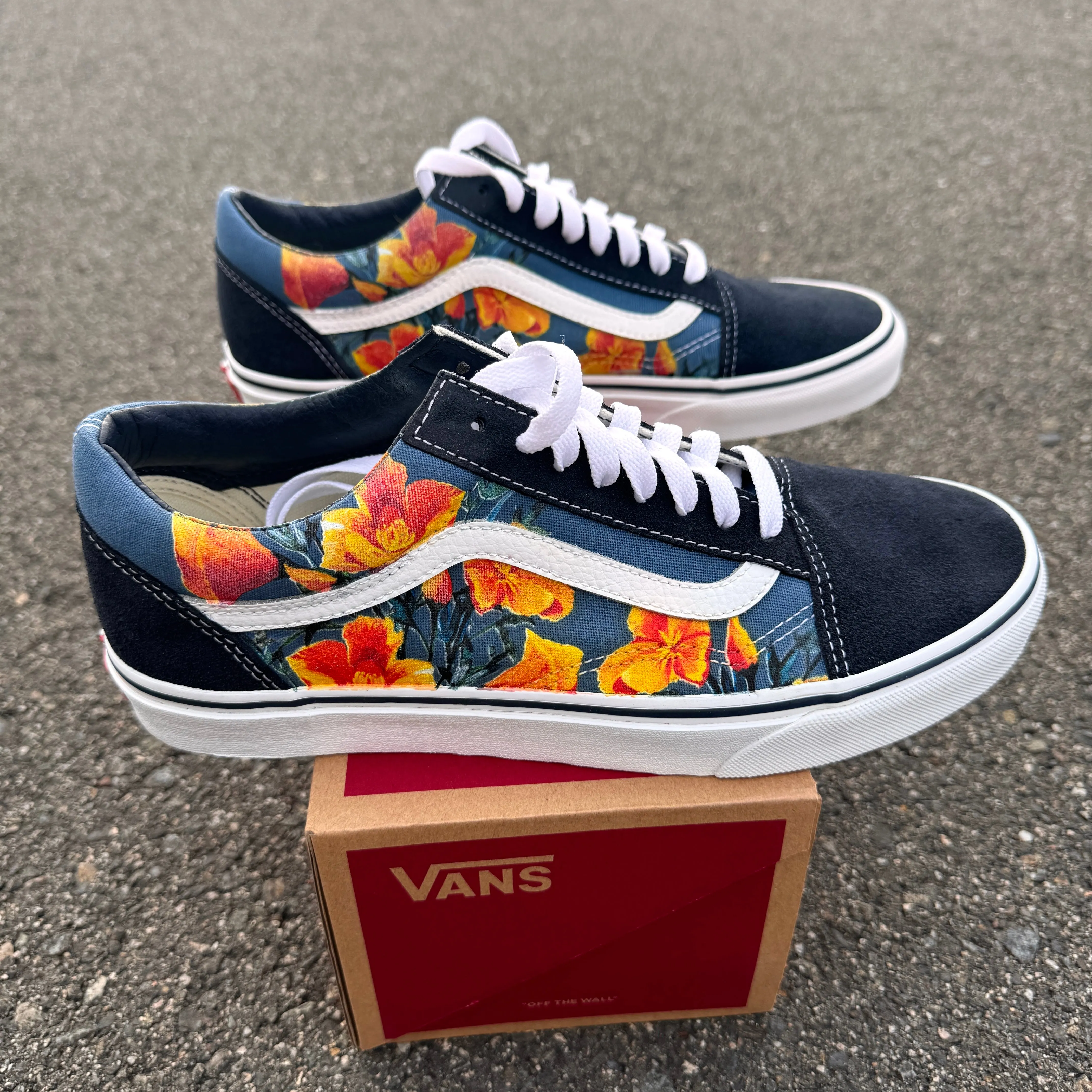 California Poppy Flowers on Navy Vans Old Skool Shoes