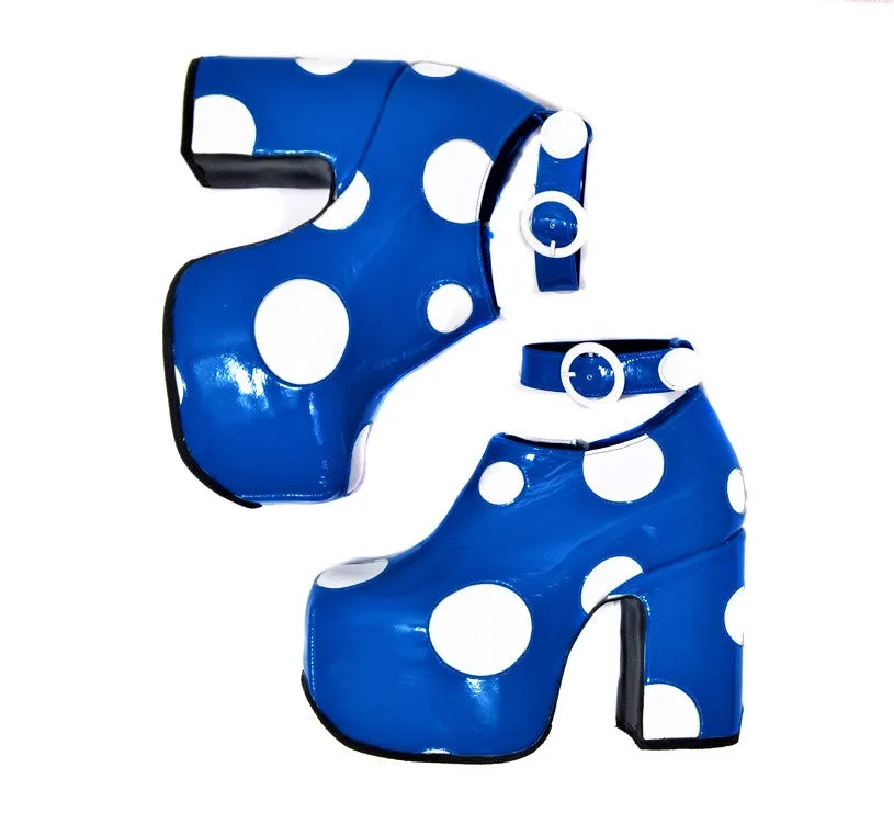 Cartoon Polkadot Platform Shoes - Blue & White Patent