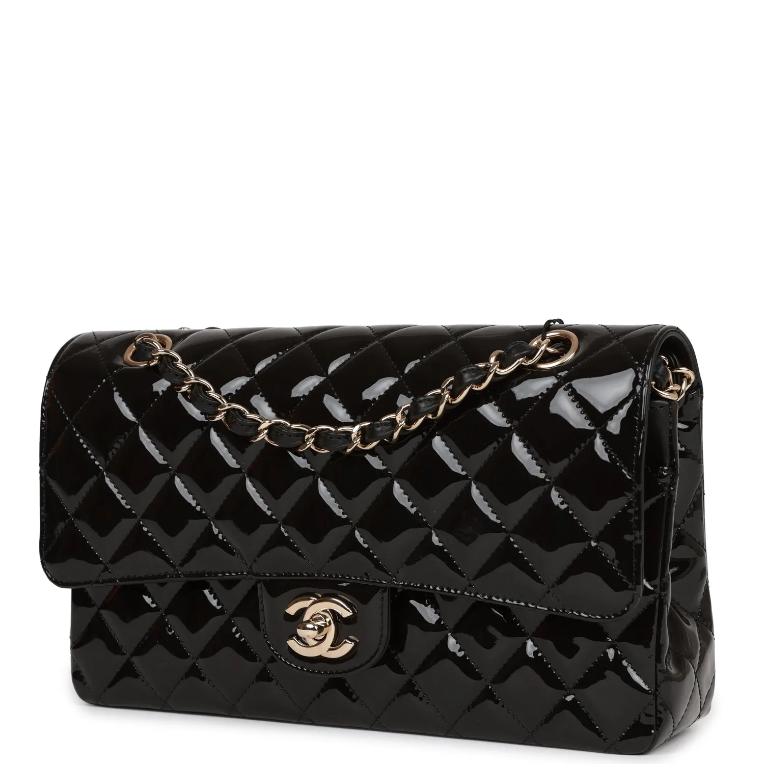 Chanel Medium Classic Double Flap Bag Black Patent Light Gold Hardware