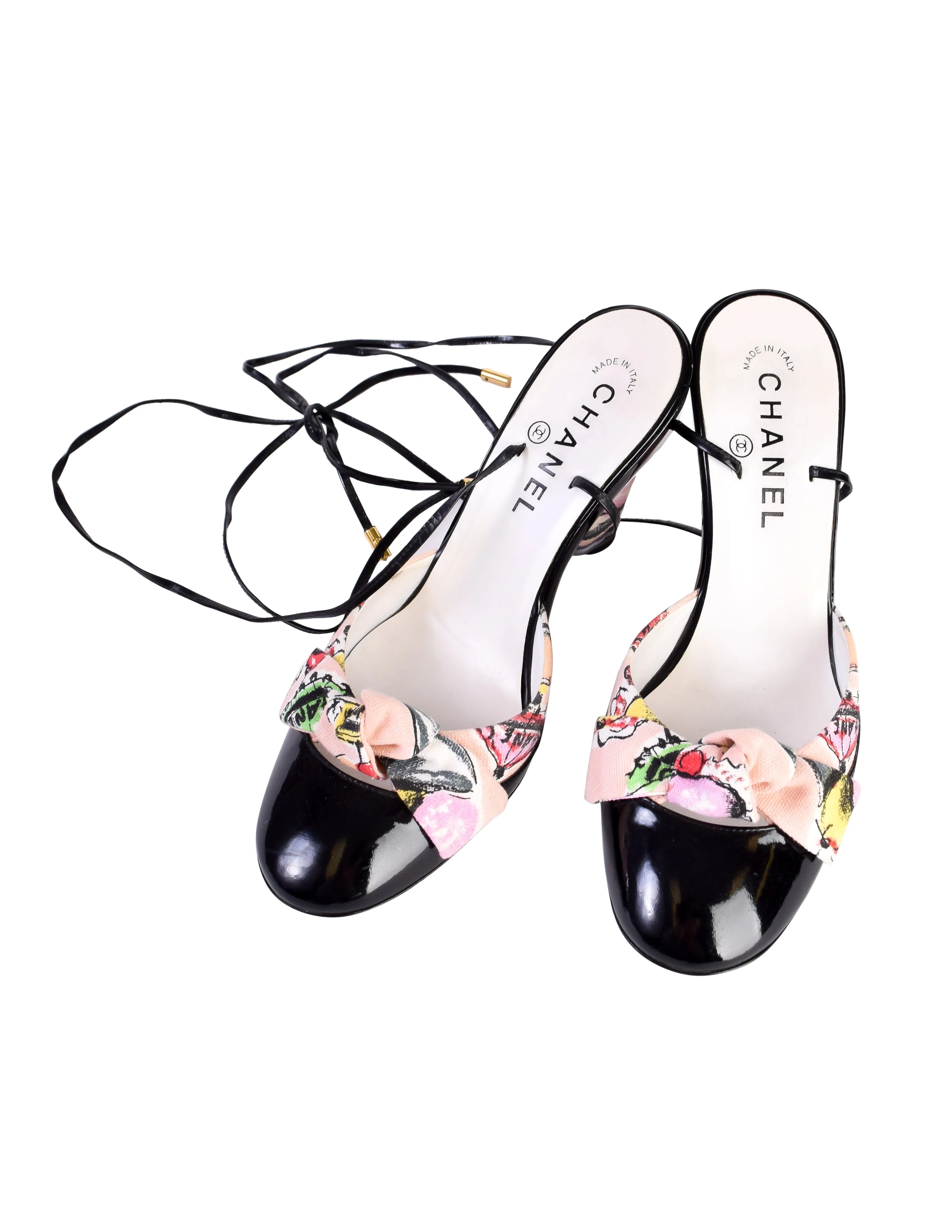 Chanel Vintage Cruise 2004 Pink Ice Cream Print Black Patent Leather Ankle Wrap Bow Heels