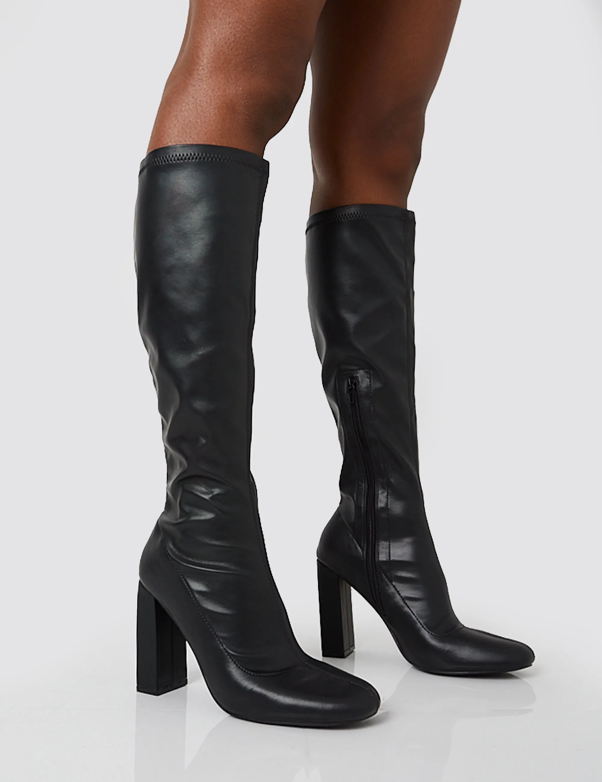 Christina Black Pu Pointed Toe Block Heel Knee High Boots