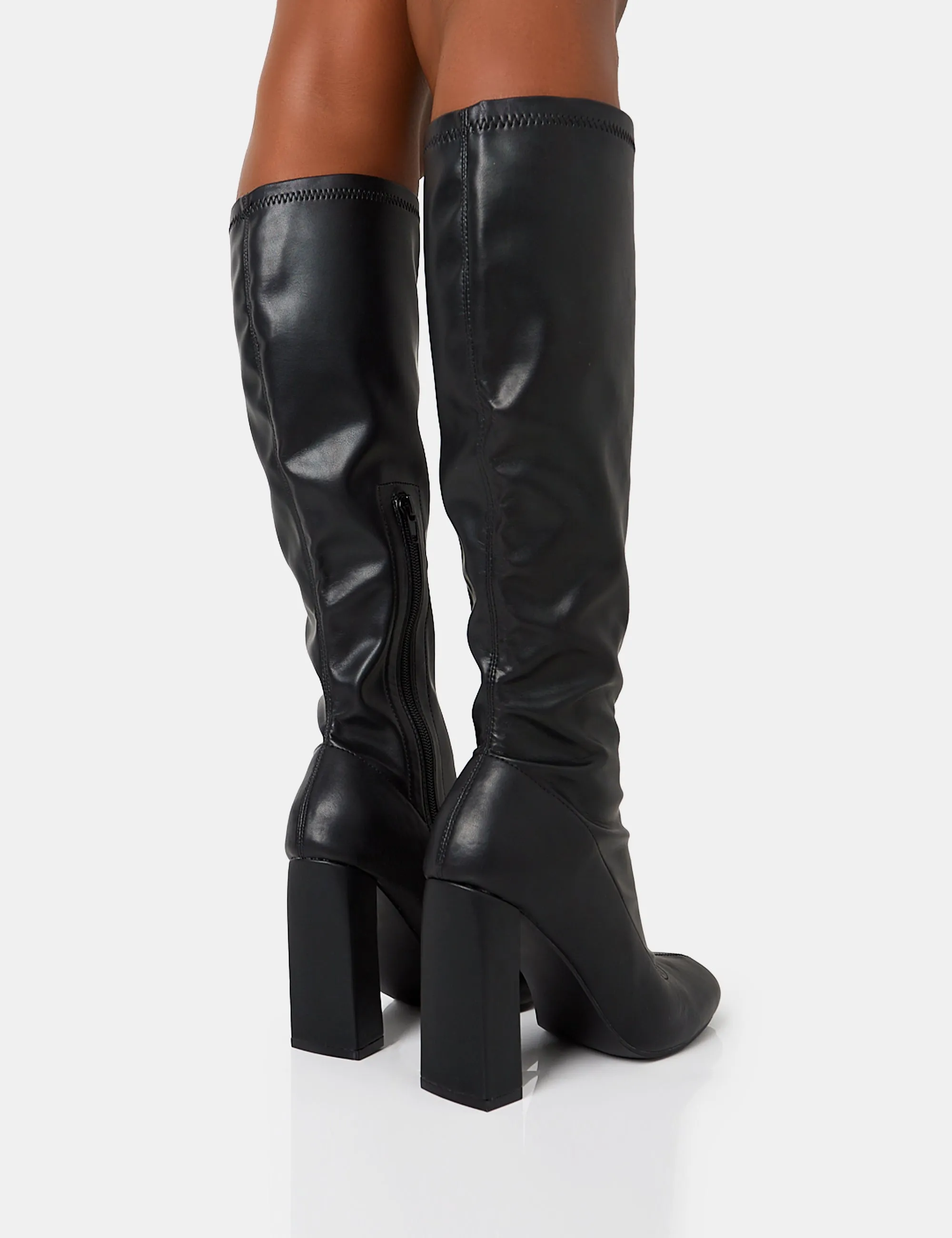 Christina Black Pu Pointed Toe Block Heel Knee High Boots