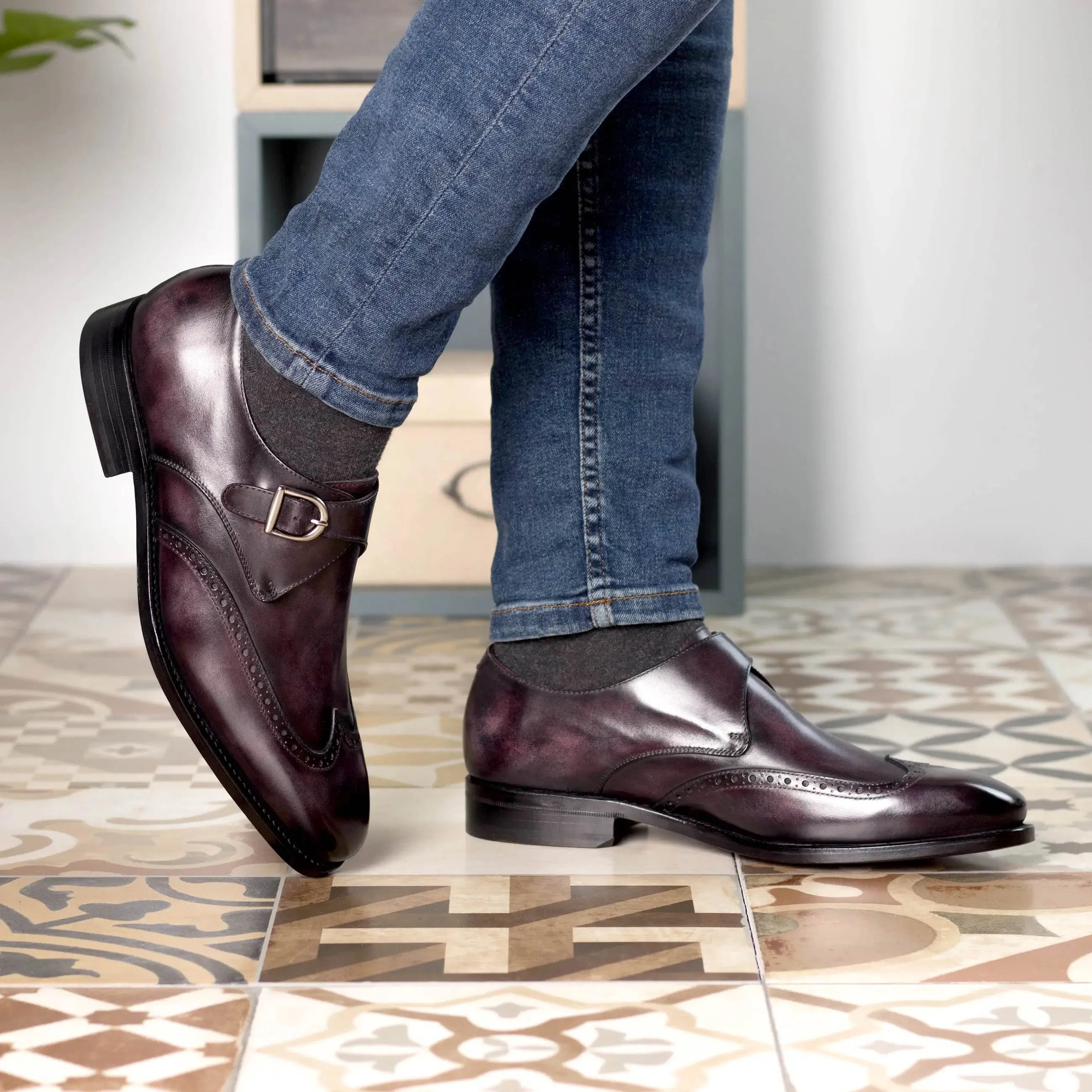 DapperFam Brenno in Aubergine Men's Hand-Painted Patina Single Monk