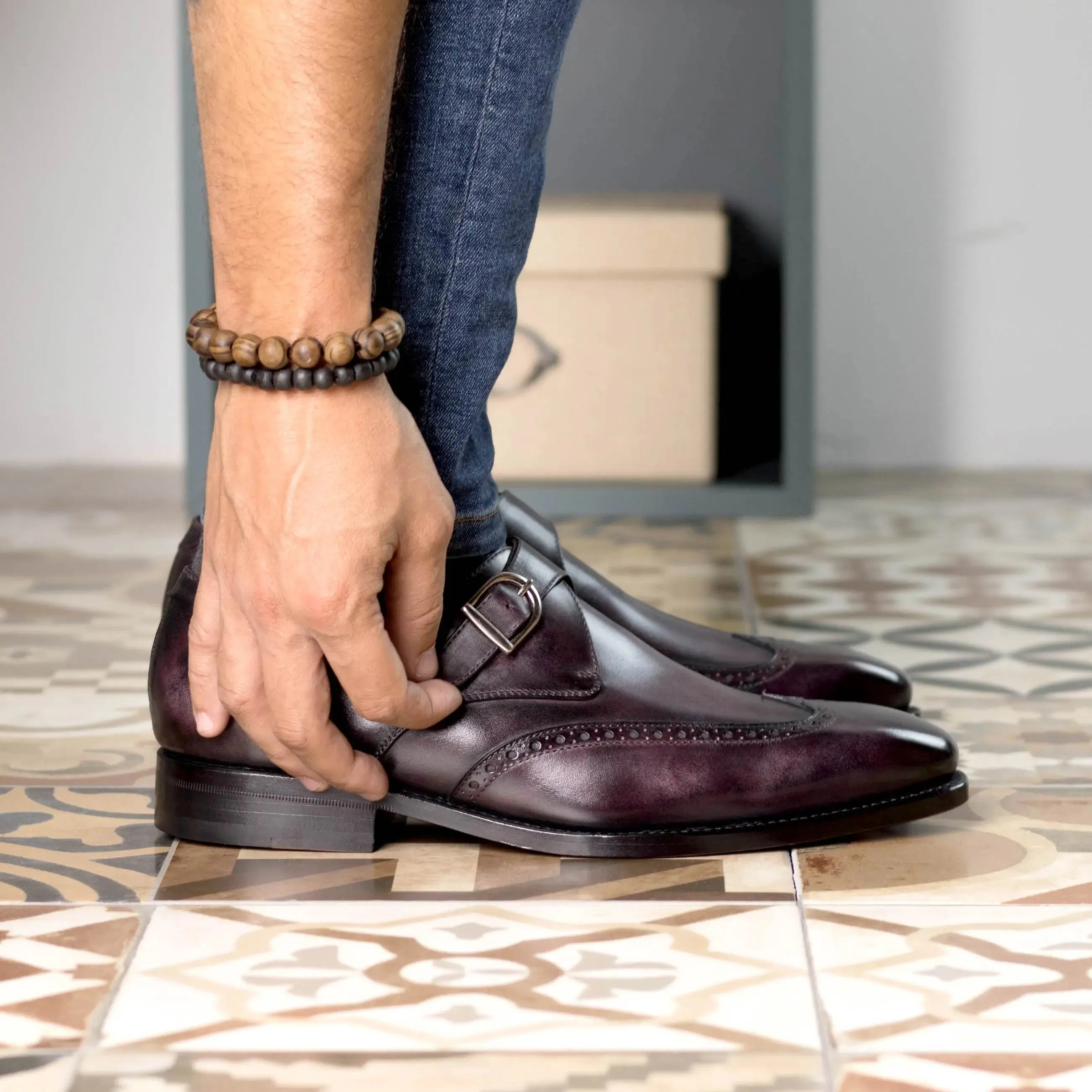 DapperFam Brenno in Aubergine Men's Hand-Painted Patina Single Monk