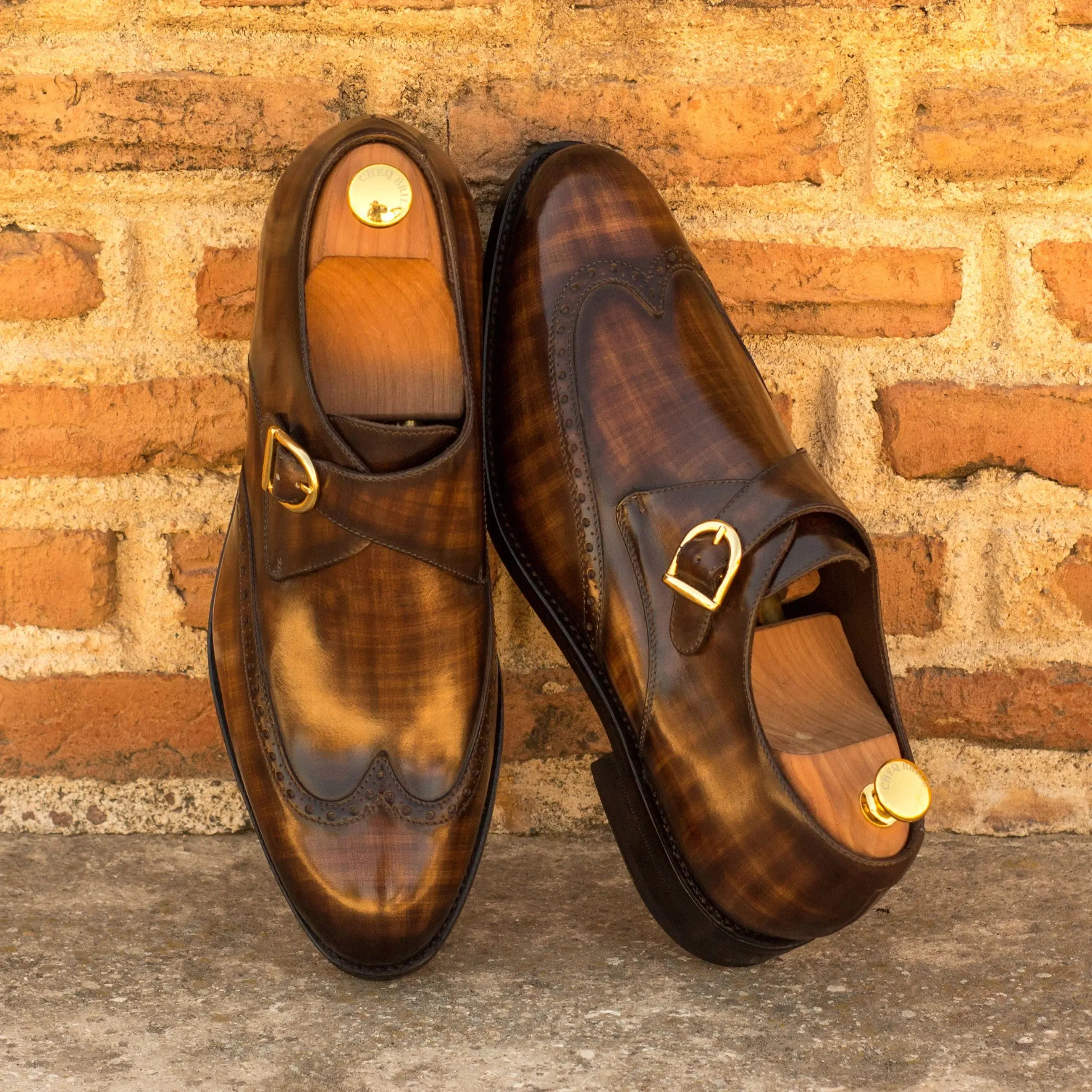 DapperFam Brenno in Brown Men's Hand-Painted Patina Single Monk