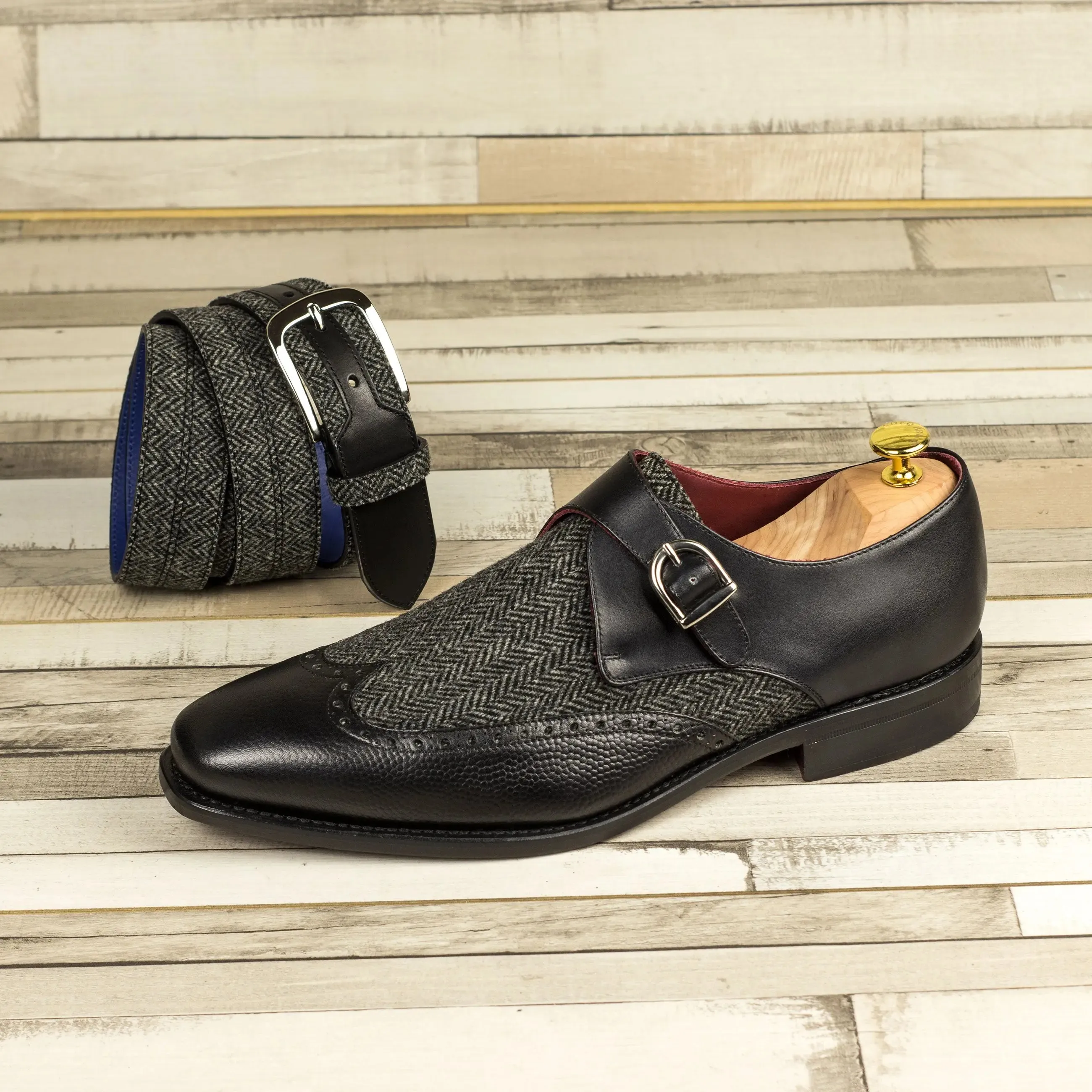 DapperFam Brenno in Herringbone / Black Men's Sartorial & Italian Pebble Grain Leather Single Monk