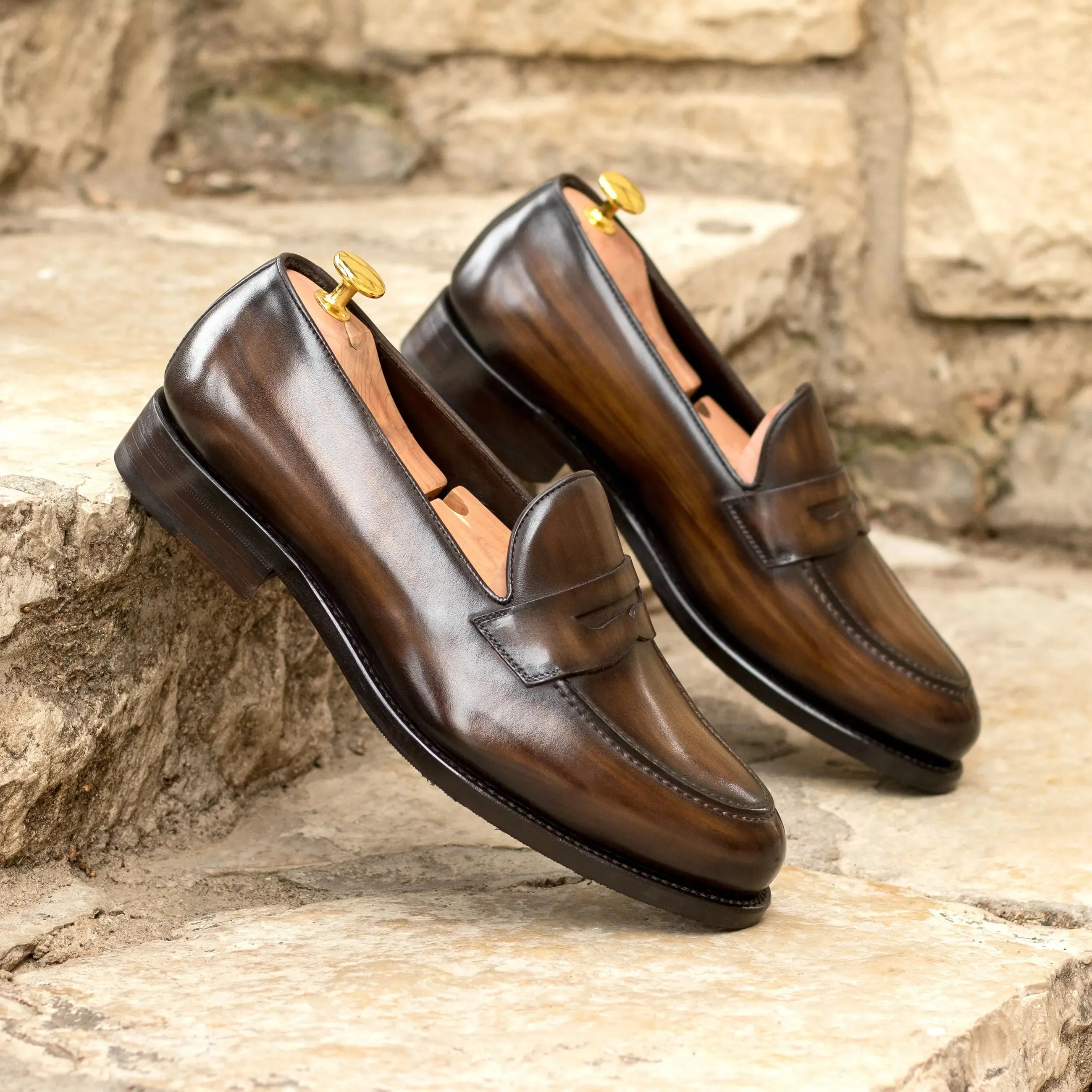 DapperFam Luciano in Brown Men's Hand-Painted Patina Loafer