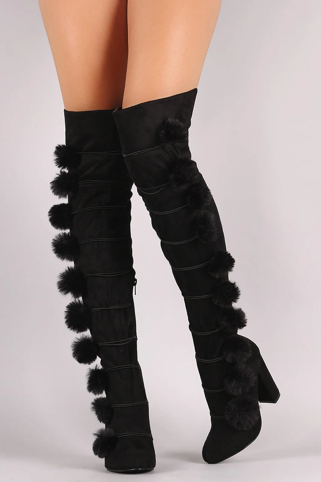 Faux Fur Pom Pom Chunky Heeled Over-The-Knee Suede Boots