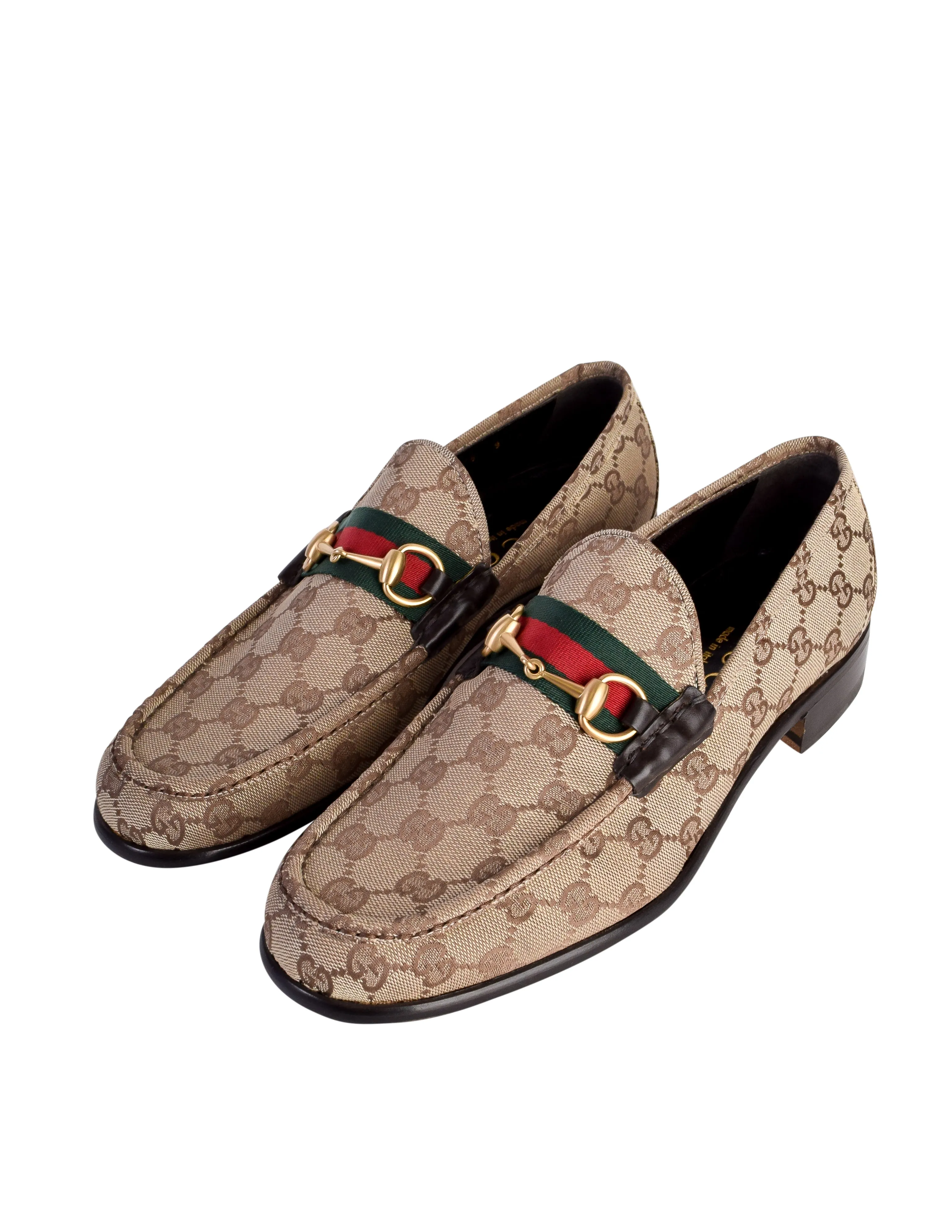 Gucci Vintage Mens Iconic Brown GG Monogram Web Stripe Horsebit Loafers