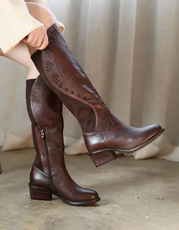 Handmade Retro Leather Women Knee High Boots