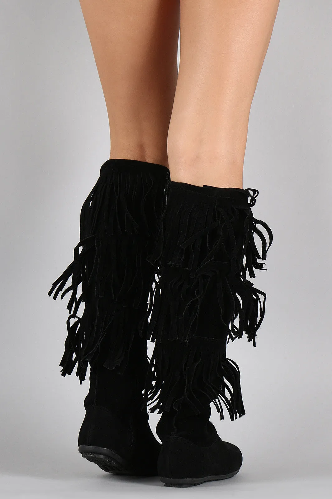 Lace Up Suede Fringe Knee High Boots