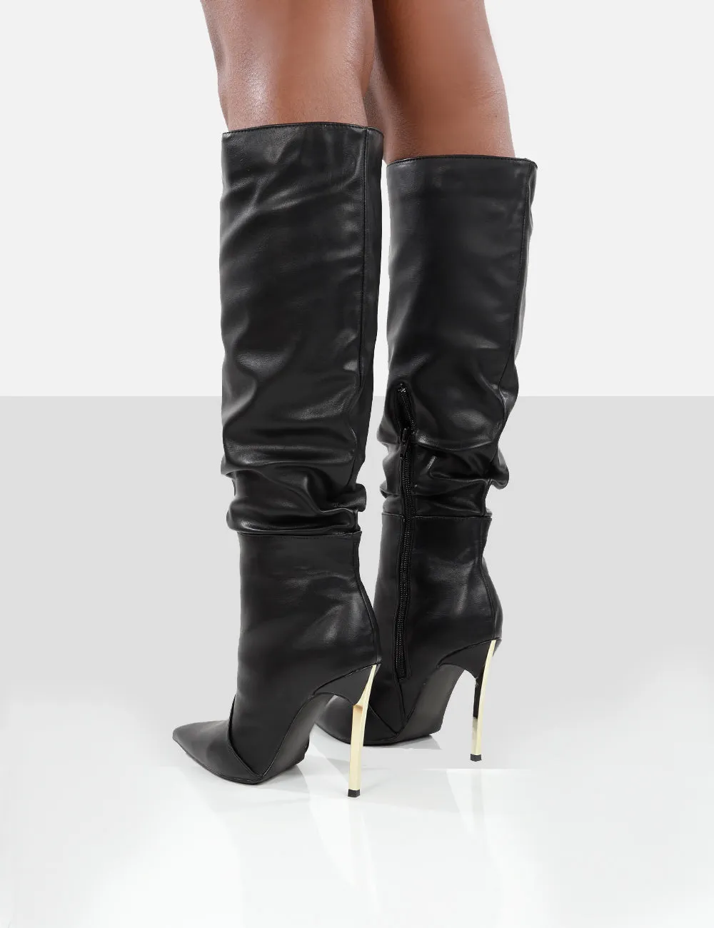 Monica Black PU Pointed Toe Stiletto Knee High Boots