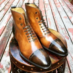 New Custom Made Handmade Bespoke Goodyear Welted Handstitched Premium Quality Tan & Brown Leather Lace Up High Ankle Mens Luxury Boots