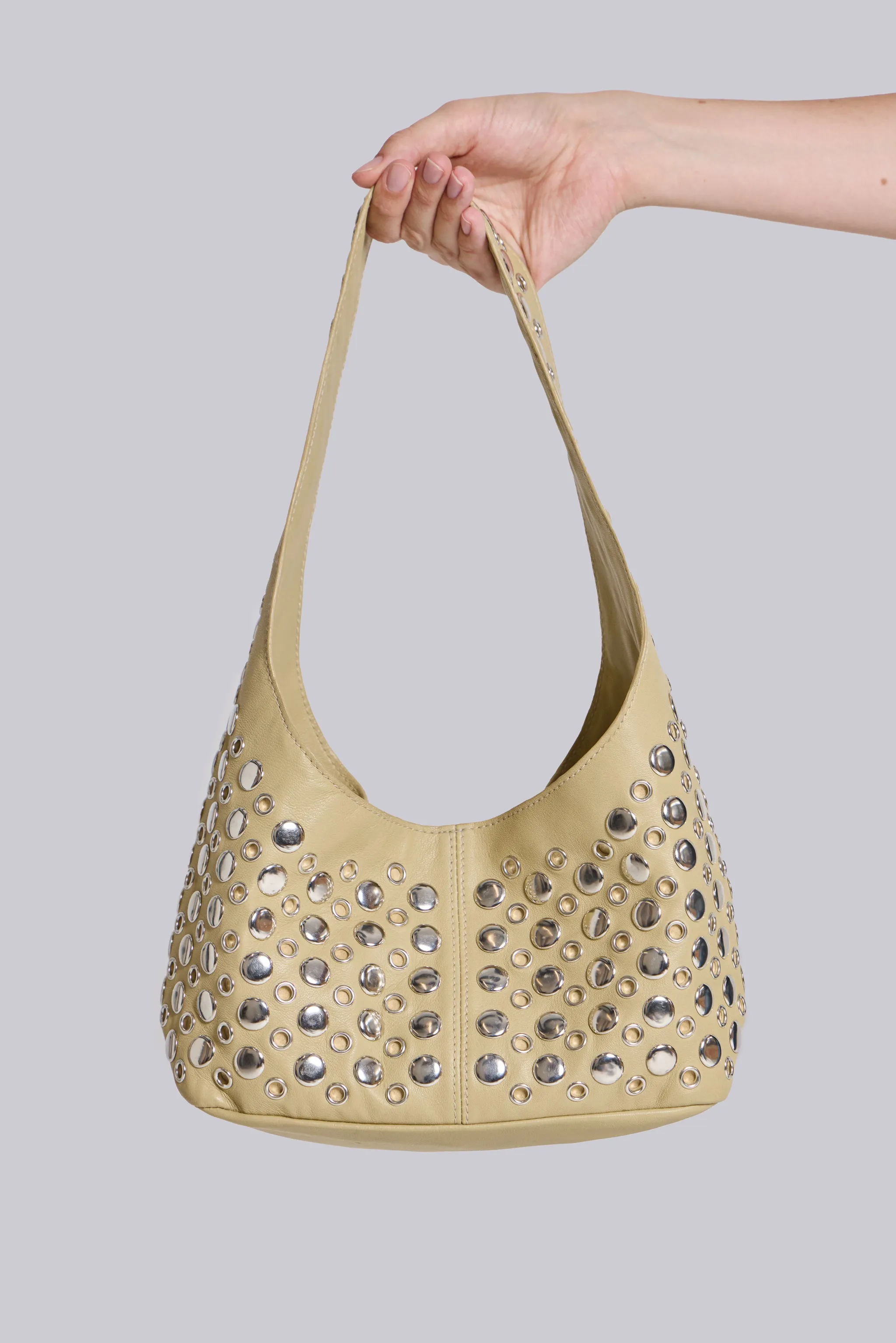 Stylish Beige Osmium-Studded Leather Bag for Women