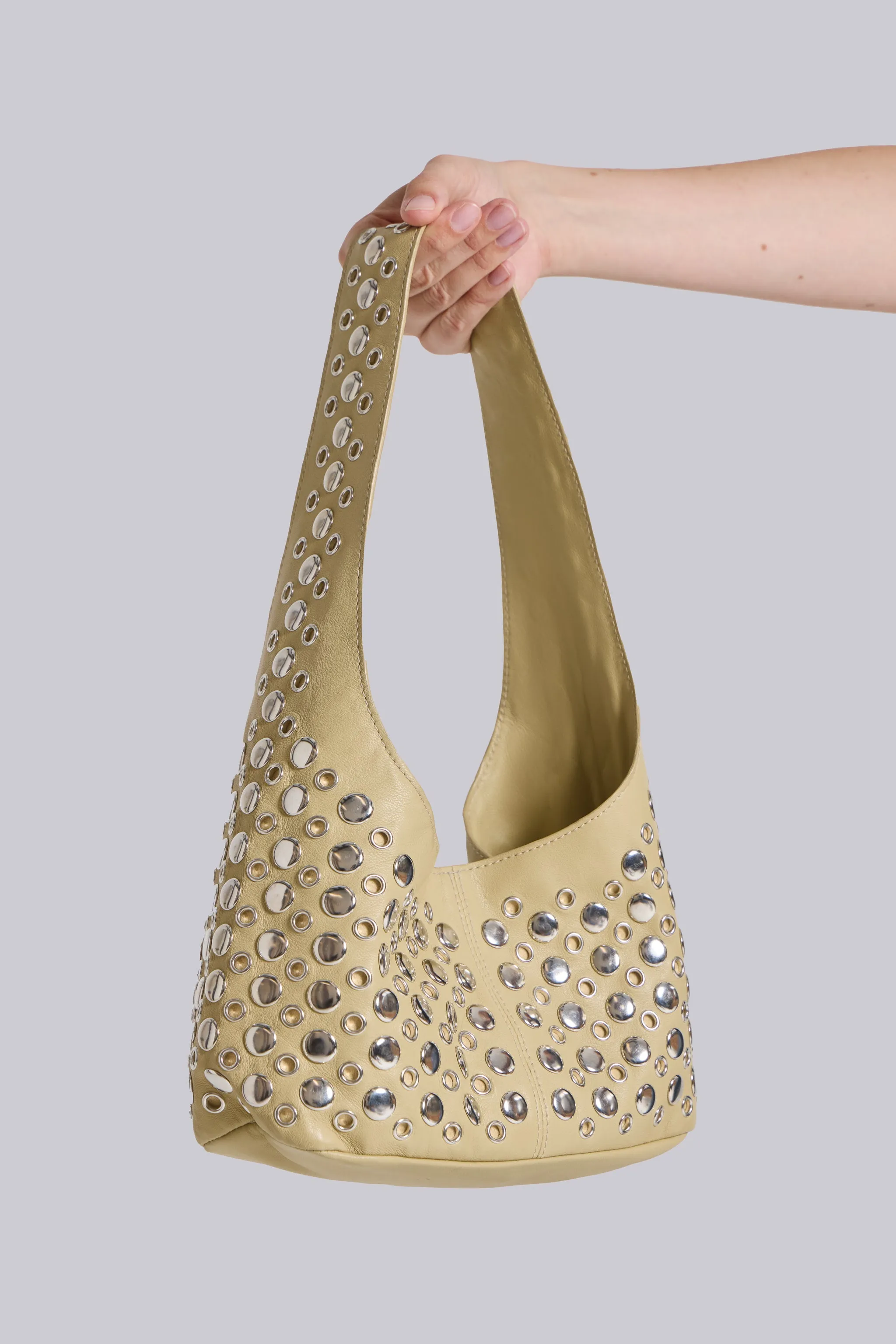 Stylish Beige Osmium-Studded Leather Bag for Women