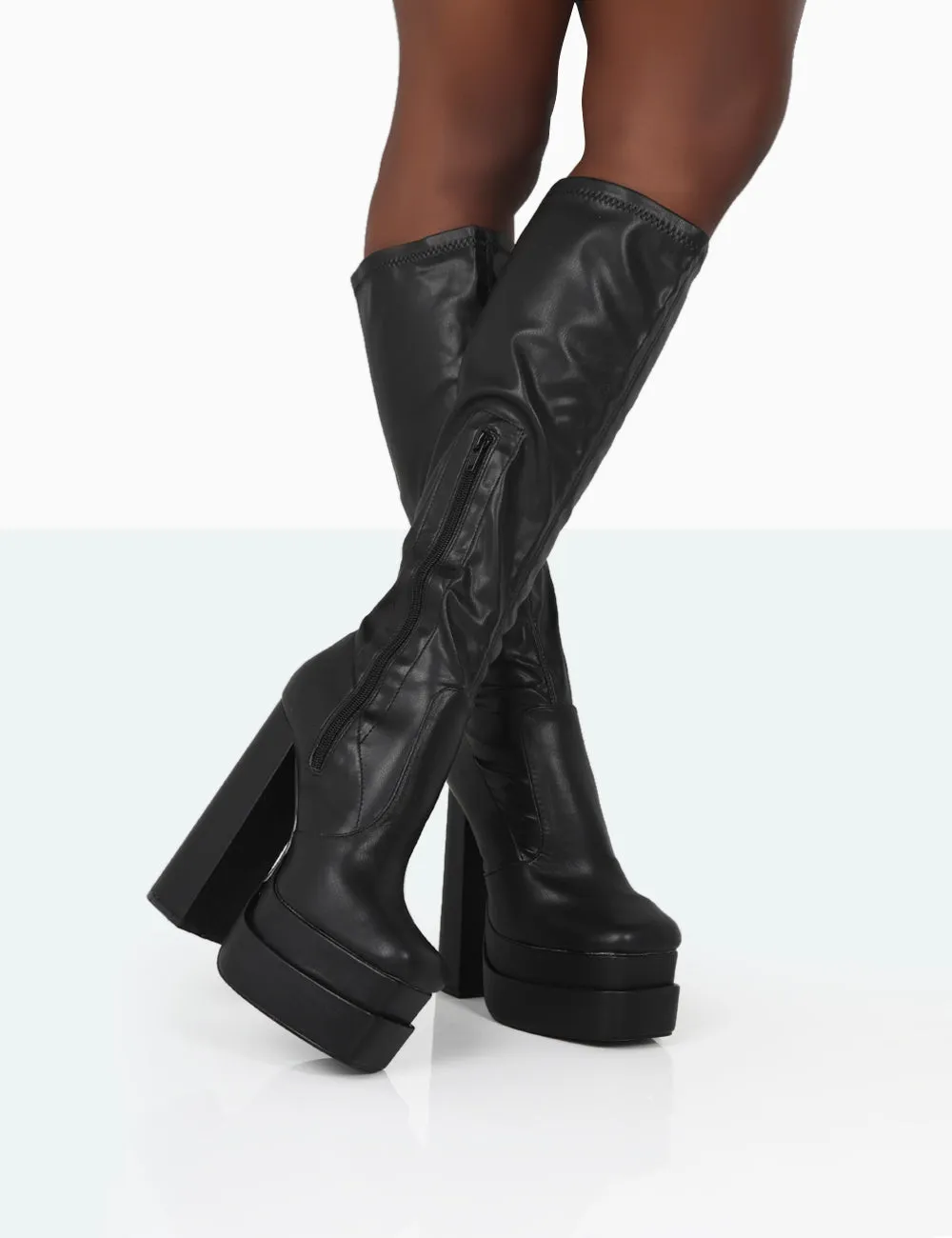 Passive Wide Fit Black Pu Platform Block High Heel Over the Knee Boots