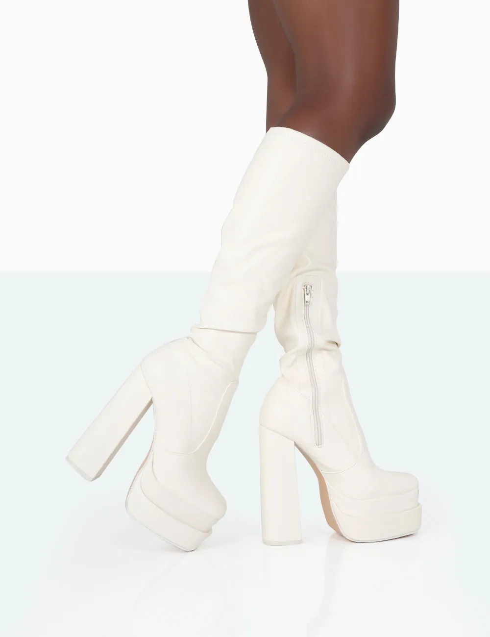 Passive Wide Fit Ecru Pu Platform Block High Heel Over the Knee Boots