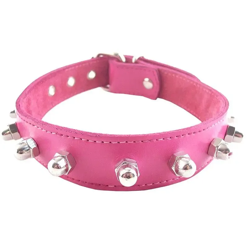 Pink Leather Studded Collar with Adjustable Buckles