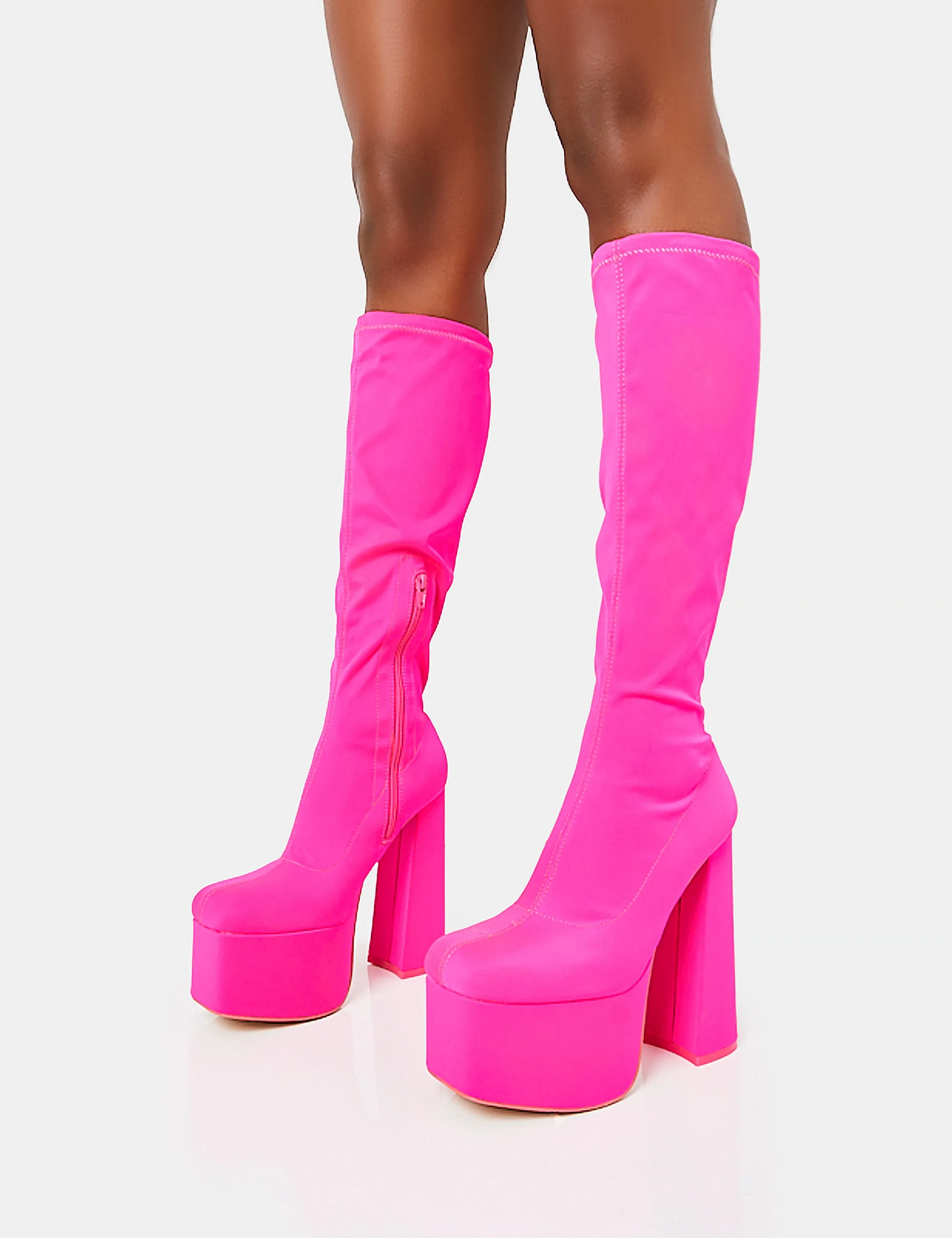 Polished Hot Pink Nylon Platform Rounded Block Heeled Knee High Boots