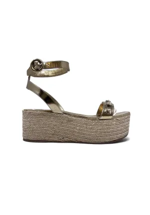 Prada Size 37 Metallic Crystal Strap Espadrille Platform Wedge