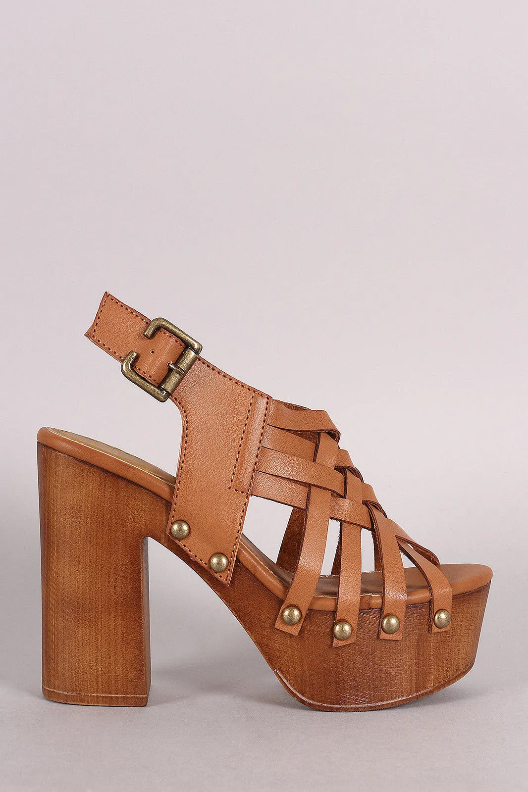 Qupid Woven Strappy Chunky Wooden Platform Heel