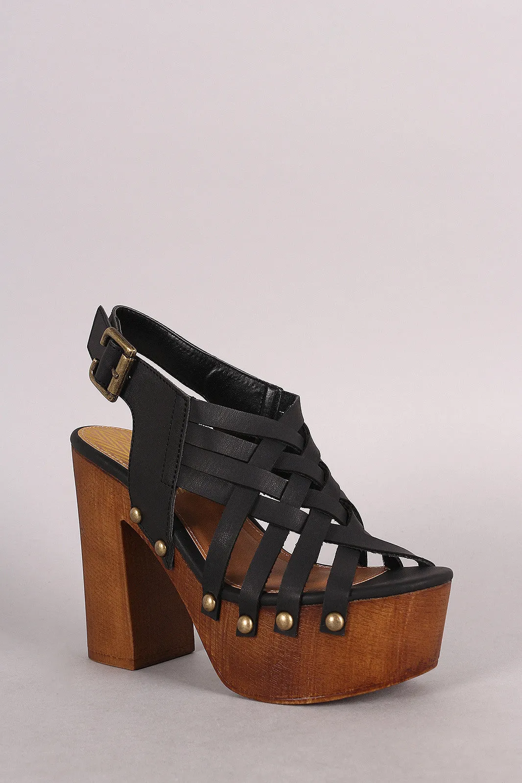 Qupid Woven Strappy Chunky Wooden Platform Heel