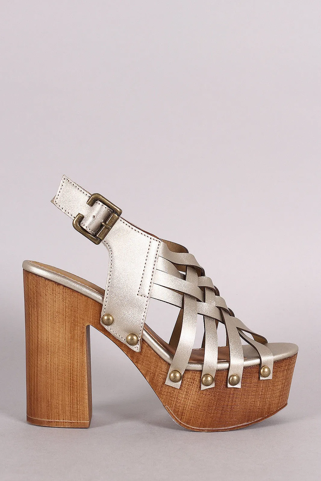 Qupid Woven Strappy Chunky Wooden Platform Heel