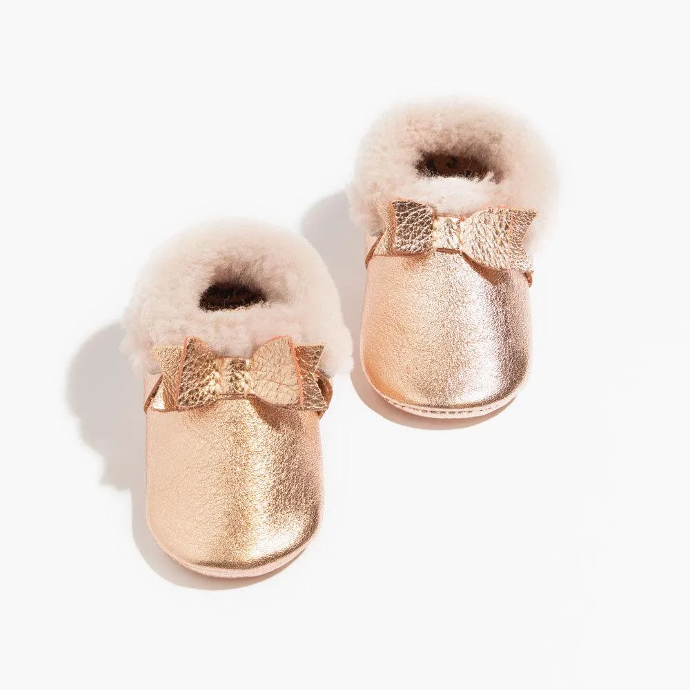 Rose Gold with Pink Shearling Bow Baby Shoe