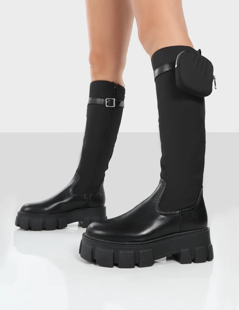 Showing Up Black PU Platform Chunky Sole Pocket Detail Knee High Boots