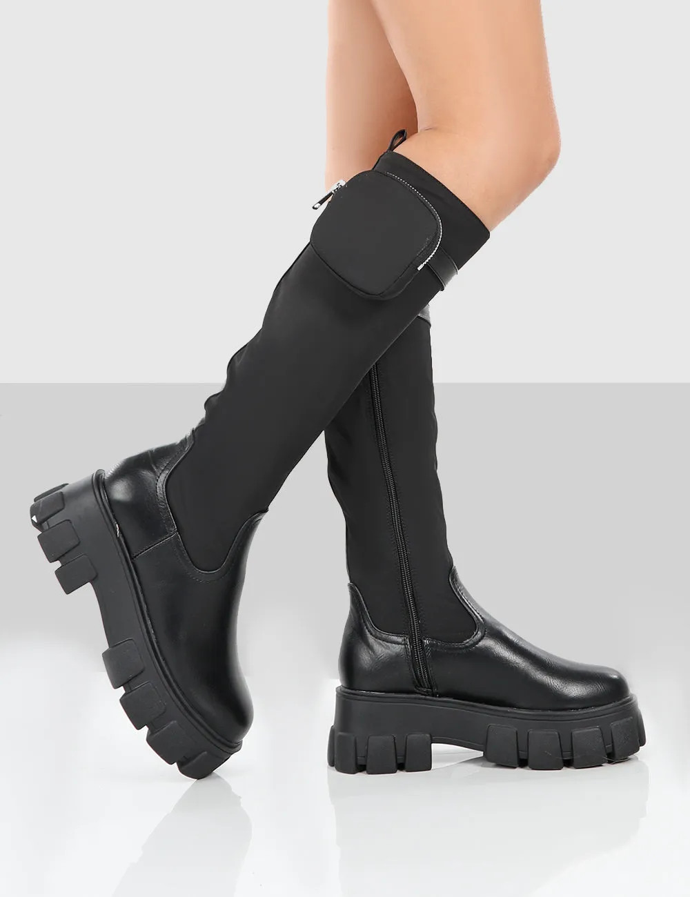 Showing Up Black PU Platform Chunky Sole Pocket Detail Knee High Boots