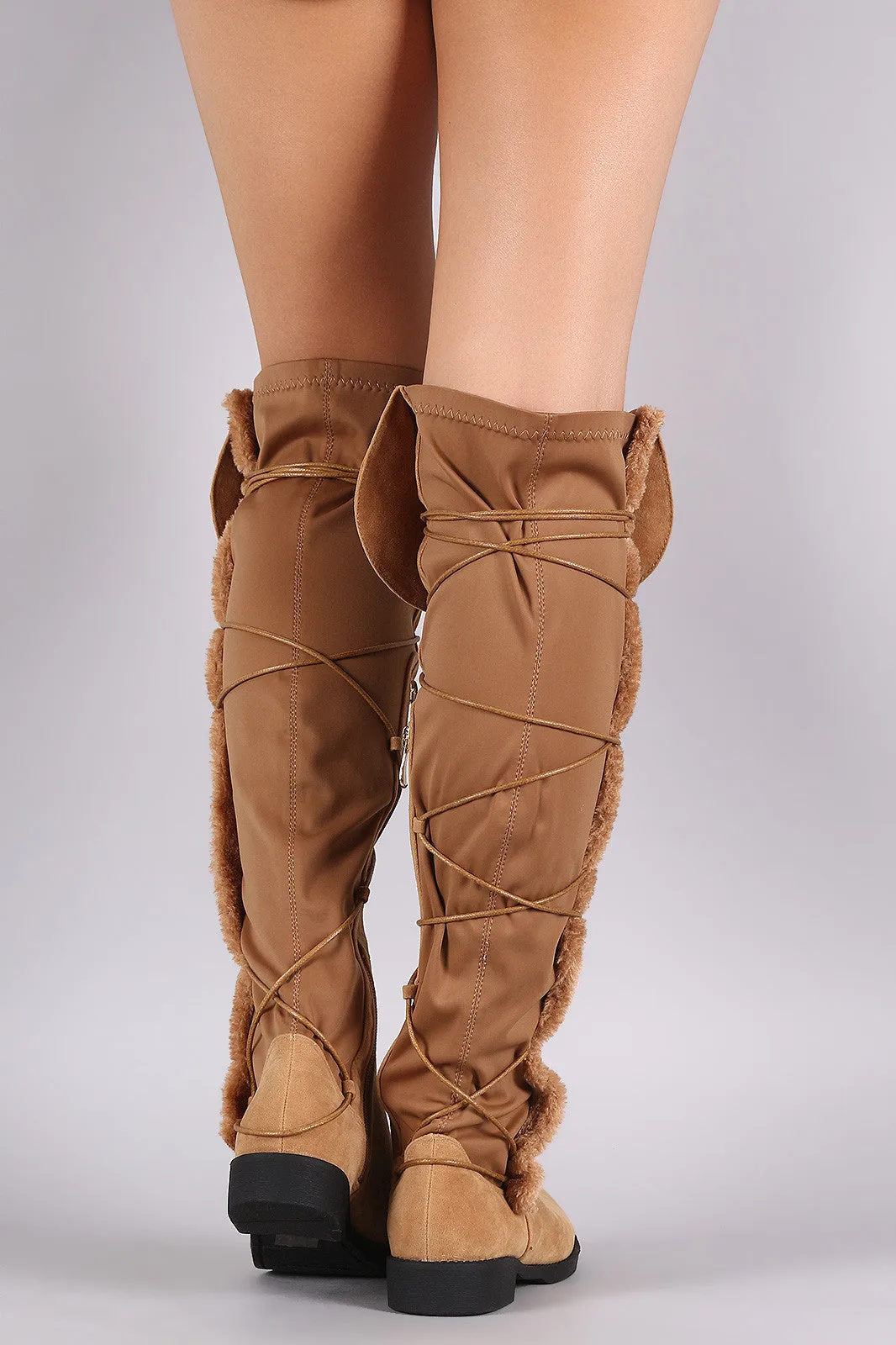 Suede Side Fur Trim Lace Up Riding Boots