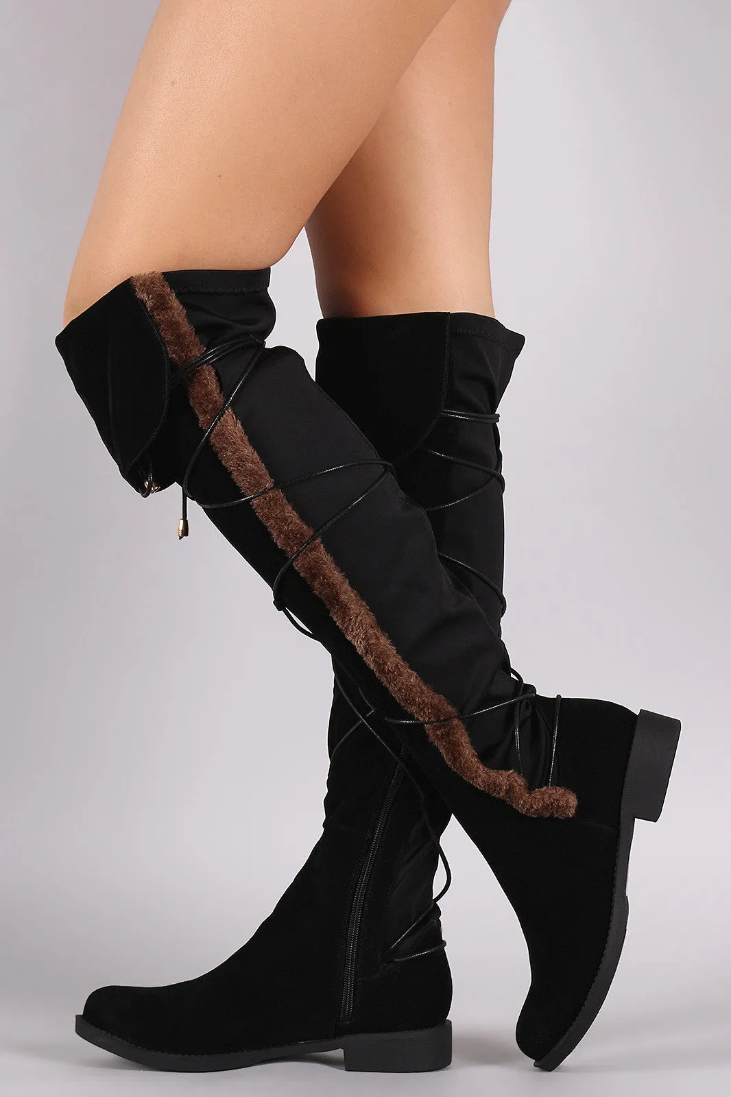 Suede Side Fur Trim Lace Up Riding Boots